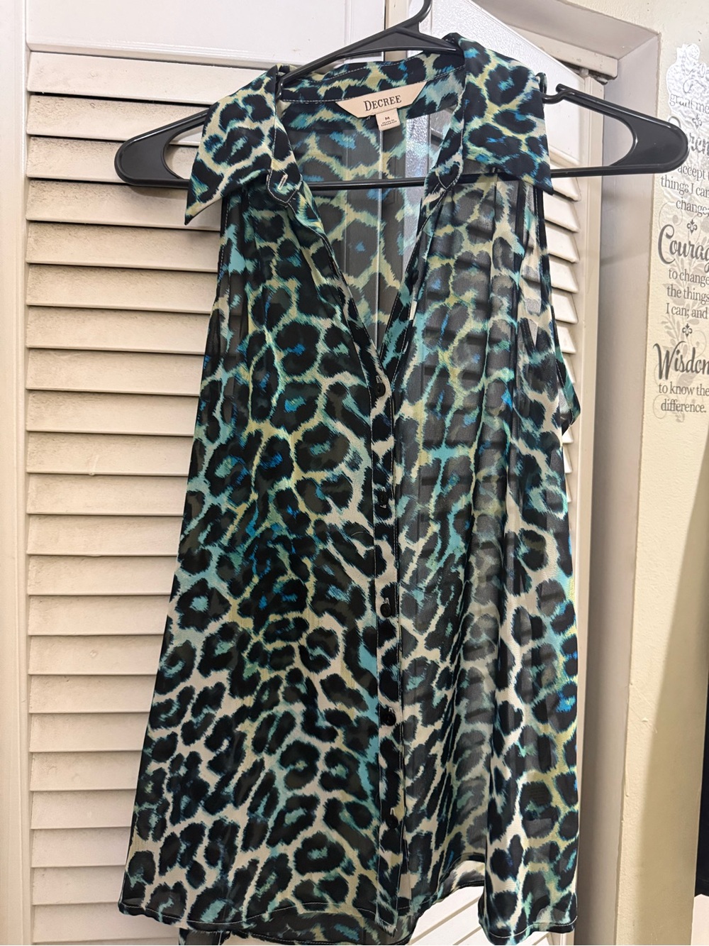 Decree Teal and Black Sheer Leopard-Print Sleeveless Blouse